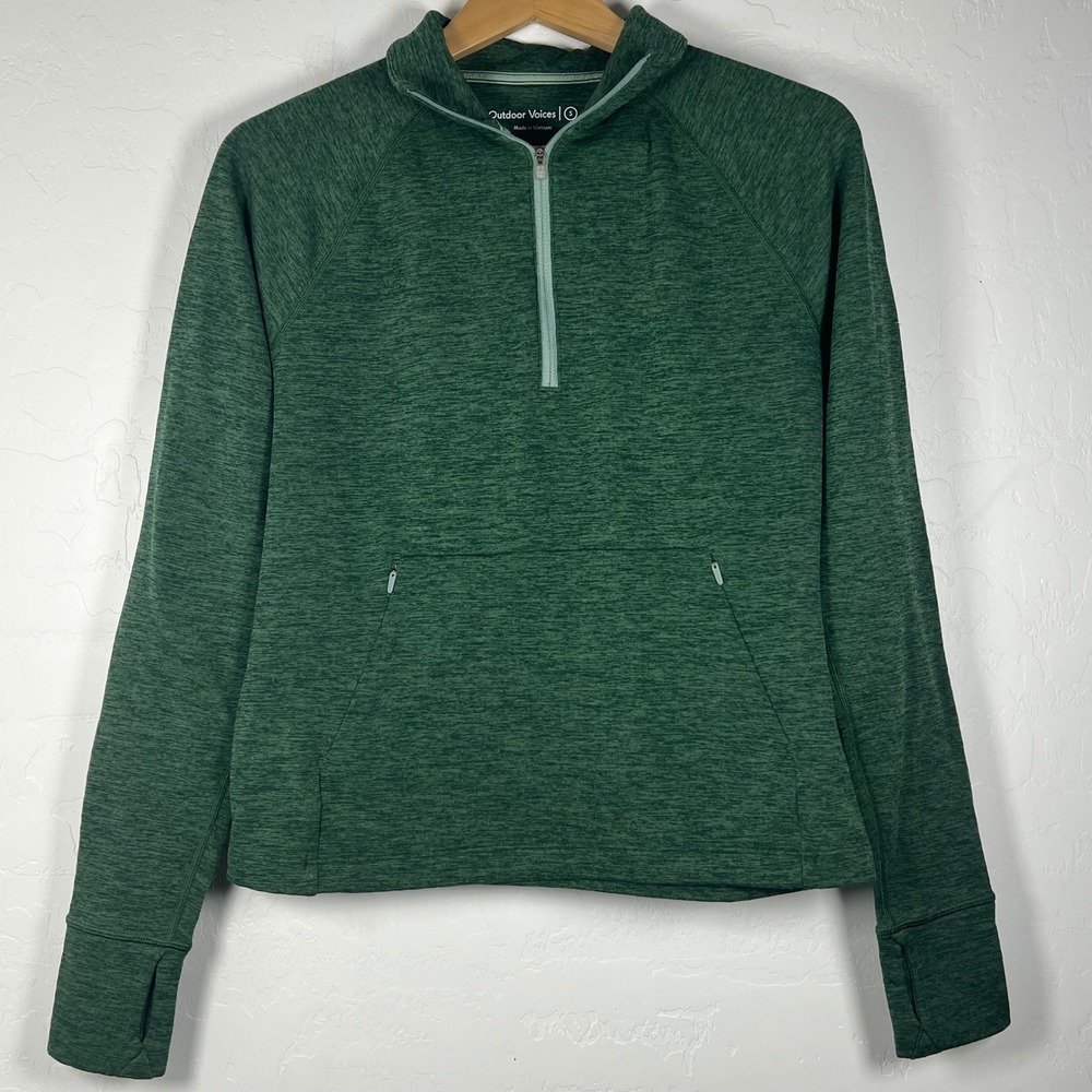Outdoor Voices Women S Green Heathered Quarter Zip Pullover Thumbholes Pocket